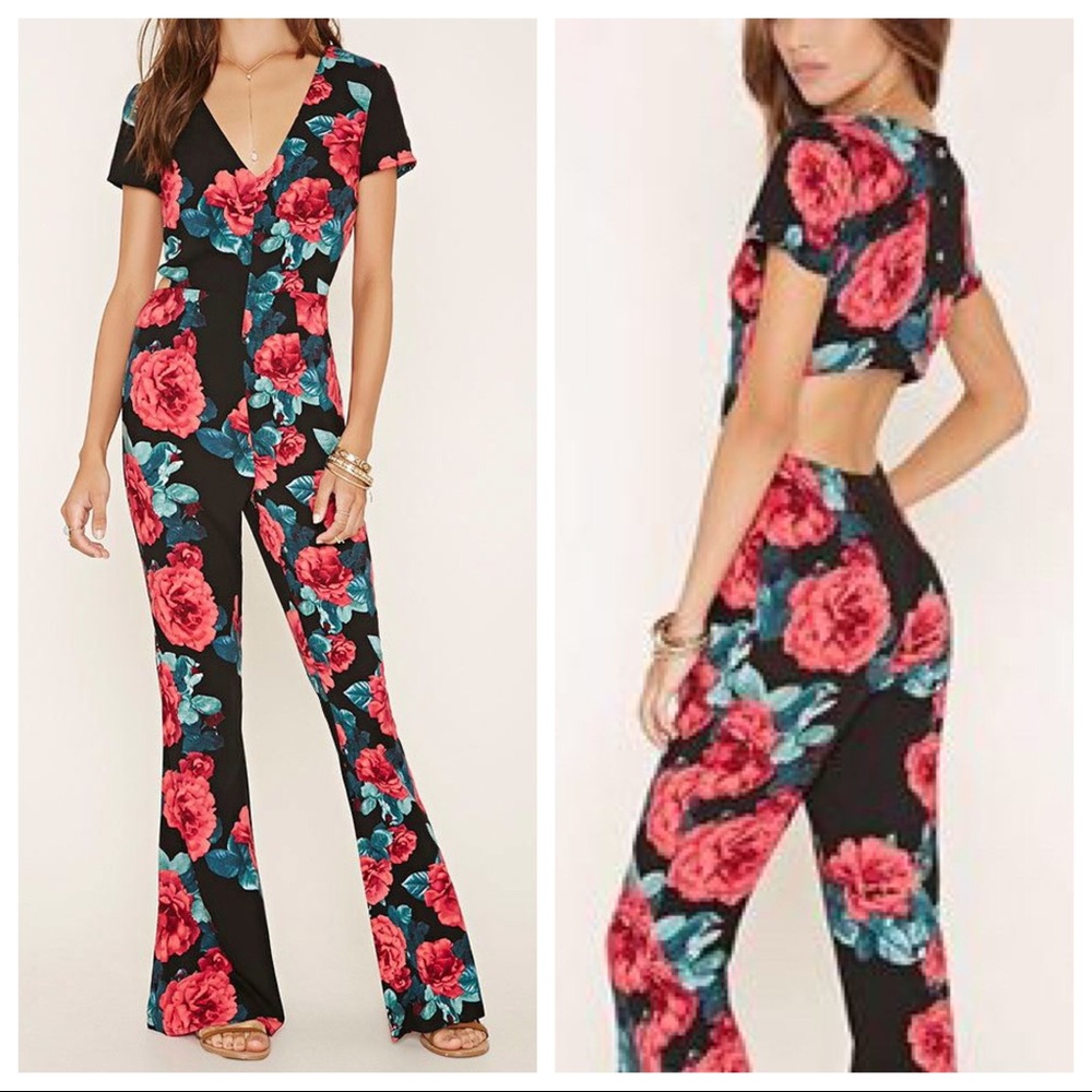 Forever 21 Floral Rose Cutout Open Back Jumpsuit